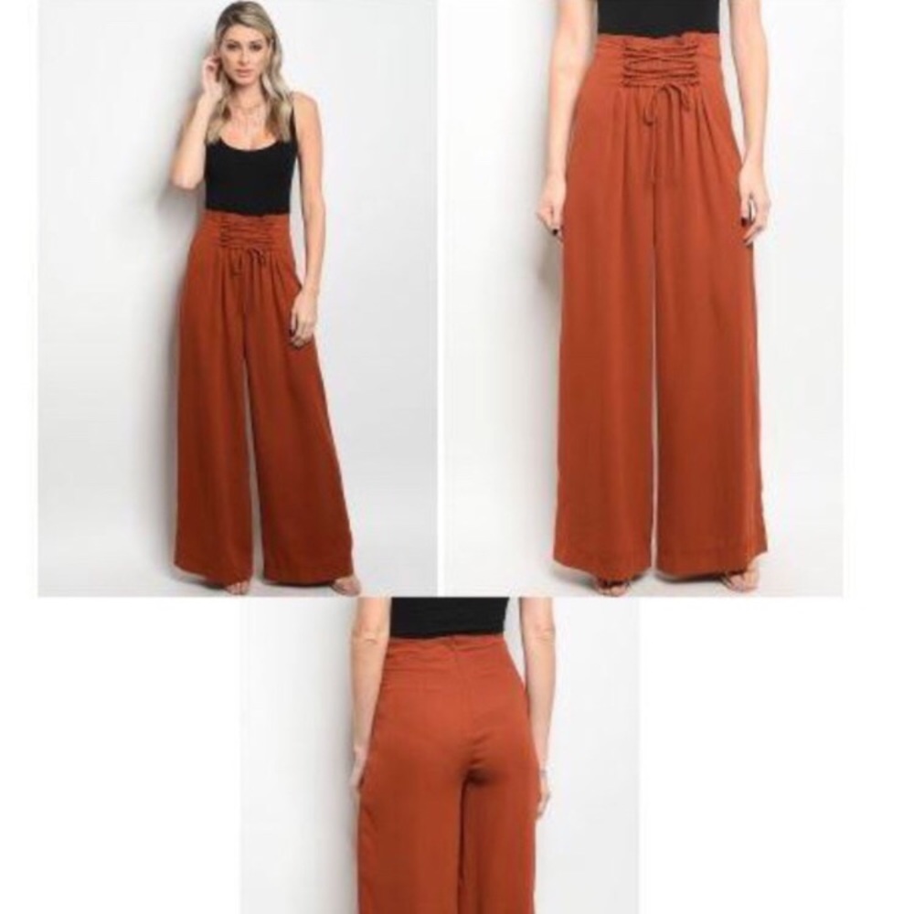 Wide leg pants with corset-tie detail